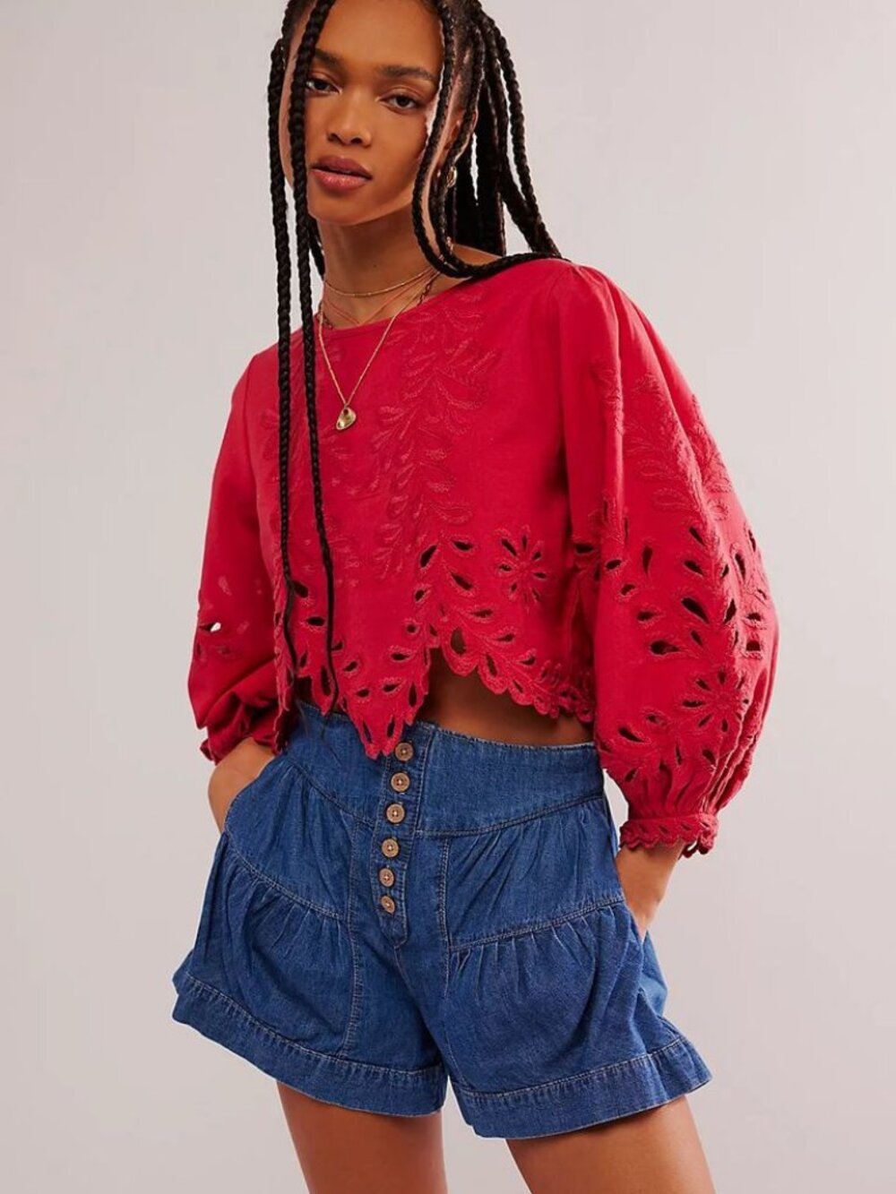 Free People Oleander Embroidered Linen Blend Top in Red